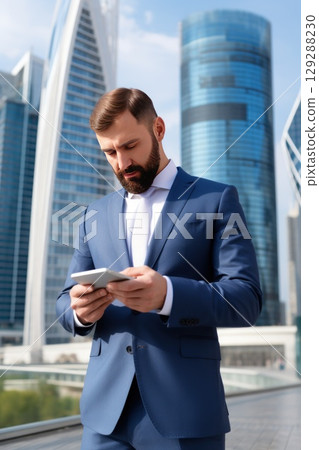 Young Caucasian businessman in a black formal suit with a smartphone. On the background of the street of the business district of the city. Online monitoring of stock reports. 129288230