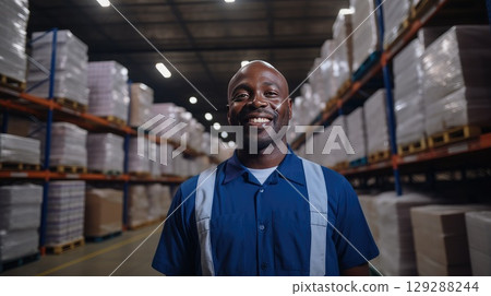 With a confident posture, the warehouse worker oversees the efficient movement of goods. 129288244