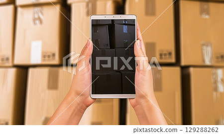 Online store seller's hands with tablet PC. These hands belong to an eBay seller, using a tablet to stay organized and efficiently manage the constant flow of online orders. 129288262