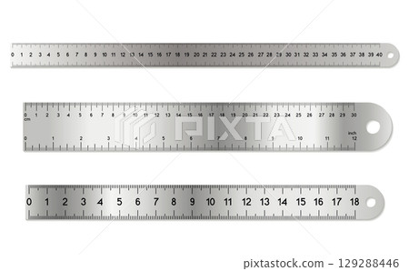 Metal ruler set. Dual measurements rulers with precise metric and inch scales. 12 inches, 40 centimeters, 30 cm measurement tool 129288446