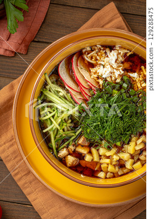 Okroshka soup with kvass and vegetables 129288475