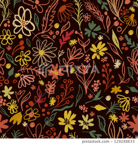 Seamless dark background autumn flowers. hand drawing. Not AI, Vector illustration Seamless dark background autumn flowers. hand drawing. Not AI, Vector illustration 129288633