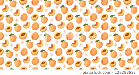 Peach pattern with fruit, flowers, and leaves 129288652