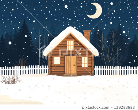 A simple cartoon illustration of a house on a snowy hill, under a starry night sky with a moon. A simple cartoon illustration of a house on a snowy hill, under a starry night sky with a moon. 129288688