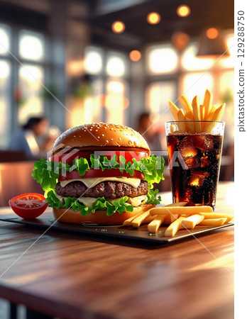 A juicy beef burger with fresh lettuce and tomato, served with golden french fries and a refreshing glass of cola with ice. An appetizing fast food combo. 129288750