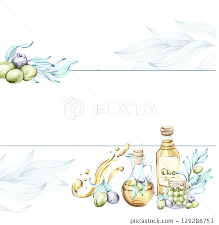 Olives and olive oil illustrated in watercolor showcasing elements of Italian cuisine and nature frame, border, arrangement 129288751