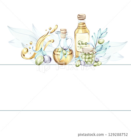 Discovering the beauty of olives and olive oil through watercolor illustrations inspired by Italian cuisine frame, border, arrangement Discovering the beauty of olives and olive oil through watercolor illustrations inspired by Italian cuisine frame, border, arrangement 129288752