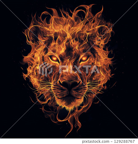 A striking graphic of a lion's head in profile, its mane a fiery cascade of orange and red against a dark background. A striking graphic of a lion's head in profile, its mane a fiery cascade of orange and red against a dark background. 129288767