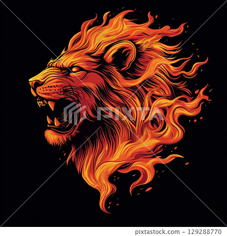 A striking graphic of a lion's head in profile, its mane a fiery cascade of orange and red against a dark background. A striking graphic of a lion's head in profile, its mane a fiery cascade of orange and red against a dark background. 129288770