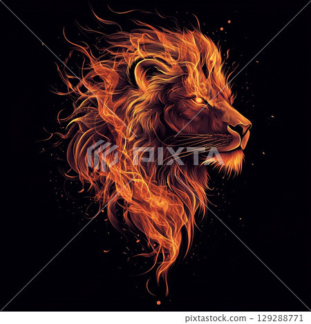 A striking graphic of a lion's head in profile, its mane a fiery cascade of orange and red against a dark background. A striking graphic of a lion's head in profile, its mane a fiery cascade of orange and red against a dark background. 129288771