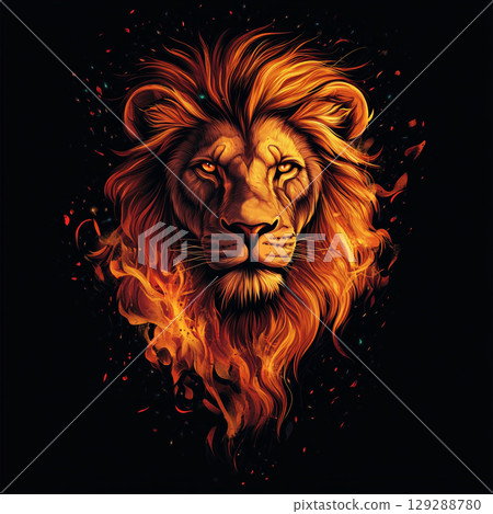 A striking graphic of a lion's head in profile, its mane a fiery cascade of orange and red against a dark background. A striking graphic of a lion's head in profile, its mane a fiery cascade of orange and red against a dark background. 129288780