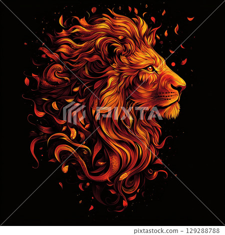 A striking graphic of a lion's head in profile, its mane a fiery cascade of orange and red against a dark background. A striking graphic of a lion's head in profile, its mane a fiery cascade of orange and red against a dark background. 129288788