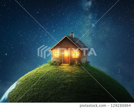 A tiny, cozy house with glowing windows sits atop a grassy hill on a small Earth, floating in a starry, celestial space. 129288864