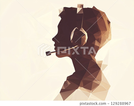 A low-poly, triangular-faceted illustration of a woman's head wearing a headset with a microphone, suggesting a focus on communication and support. 129288967