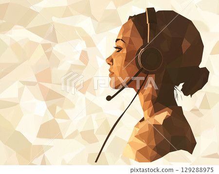 A low-poly, triangular-faceted illustration of a woman's head wearing a headset with a microphone, suggesting a focus on communication and support. 129288975