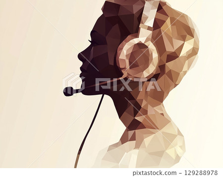 A low-poly, triangular-faceted illustration of a woman's head wearing a headset with a microphone, suggesting a focus on communication and support. 129288978