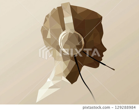 A low-poly, triangular-faceted illustration of a woman's head wearing a headset with a microphone, suggesting a focus on communication and support. 129288984