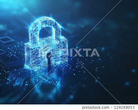 A digital padlock with an orange glow is featured on a blue circuit board, representing cybersecurity and data protection. 129289053