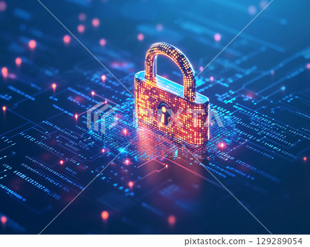 A digital padlock with an orange glow is featured on a blue circuit board, representing cybersecurity and data protection. 129289054