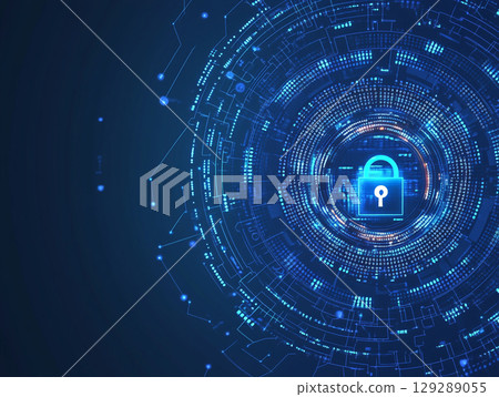 A digital padlock with an orange glow is featured on a blue circuit board, representing cybersecurity and data protection. 129289055