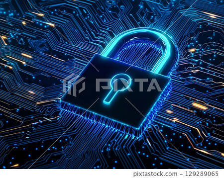 A digital padlock with an orange glow is featured on a blue circuit board, representing cybersecurity and data protection. 129289065