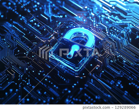 A digital padlock with an orange glow is featured on a blue circuit board, representing cybersecurity and data protection. 129289066