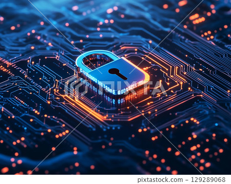 A digital padlock with an orange glow is featured on a blue circuit board, representing cybersecurity and data protection. A digital padlock with an orange glow is featured on a blue circuit board, representing cybersecurity and data protection. 129289068