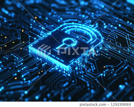 A digital padlock with an orange glow is featured on a blue circuit board, representing cybersecurity and data protection. 129289069