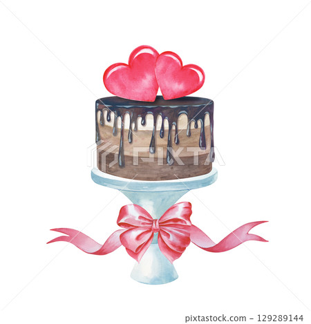 Watercolor wedding cake with chocolate icing on a stand. An illustration of a festive dessert with a pair of hearts and a pink ribbon on a white background. A template for invitations, postcards Watercolor wedding cake with chocolate icing on a stand. An illustration of a festive dessert with a pair of hearts and a pink ribbon on a white background. A template for invitations, postcards 129289144