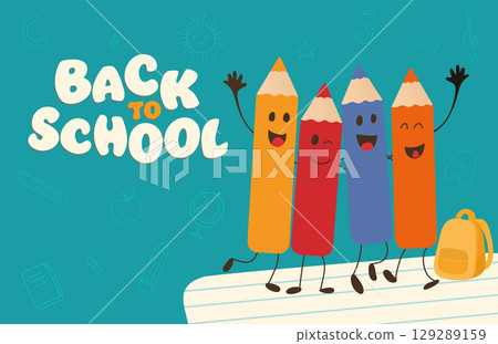 Back to school with happy cartoon pencils celebrating learning on the first day of school Back to school with happy cartoon pencils celebrating learning on the first day of school 129289159