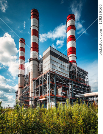 A large power plant with four red and white chimney towers stands against the blue sky, surrounded by lush green vegetation. 129289166