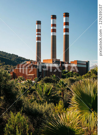 A large power plant with four red and white chimney towers stands against the blue sky, surrounded by lush green vegetation. 129289187