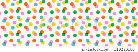 Colorful polka dot pattern background with overlapping circles in pink, green, orange, yellow and blue on a light background. Confetti pattern design for fabric, wrapping, wallpaper. Drag to swatches. 129289196