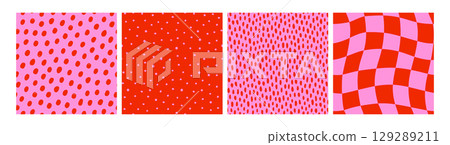 Checker, dot, confetti seamless pattern set with retro abstract design. Bright red and pink vector background perfect for playful wrapping paper, fabric, and party decor. Drag to swatches panel. 129289211