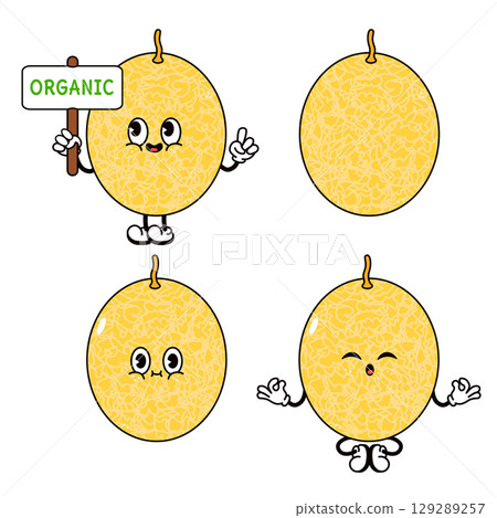 A fun cartoon of cantaloupe fruit displaying different expressions and poses. A fun cartoon of cantaloupe fruit displaying different expressions and poses. 129289257