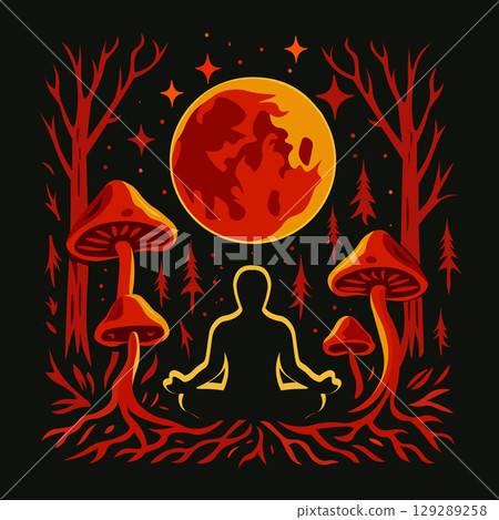 Meditating silhouette under the moon with vibrant mushrooms for spiritual reflection 129289258