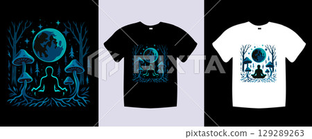 Mystical t-shirt design featuring a meditating figure under a full moon and glowing mushrooms in a magical forest setting. 129289263