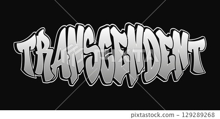 Transcendent graffiti art, showcasing a silver-toned word on a black backdrop. Transcendent graffiti art, showcasing a silver-toned word on a black backdrop. 129289268