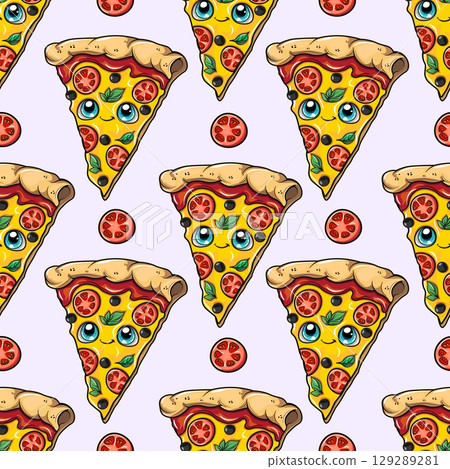 A fun cartoon pizza slice pattern featuring happy faces and tomato slices. A fun cartoon pizza slice pattern featuring happy faces and tomato slices. 129289281