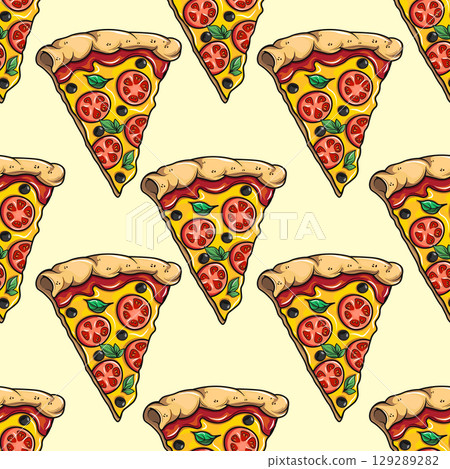 Cartoon pizza slices create a colorful and delicious seamless pattern for design. Cartoon pizza slices create a colorful and delicious seamless pattern for design. 129289282