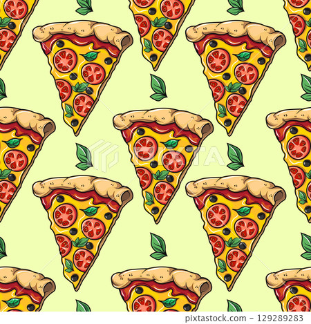 Delicious pizza slices with tomato, olive, and basil create a yummy pattern. 129289283