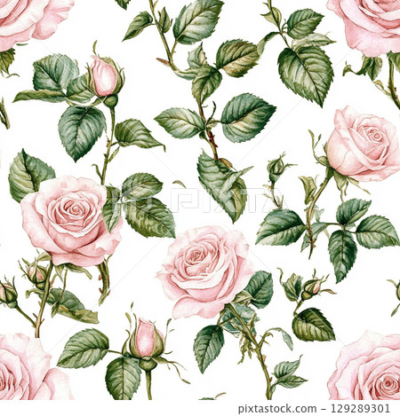 A seamless pattern of pink roses, green leaves, and buds on a white background, showcasing detailed and elegant botanical illustrations. A seamless pattern of pink roses, green leaves, and buds on a white background, showcasing detailed and elegant botanical illustrations. 129289301