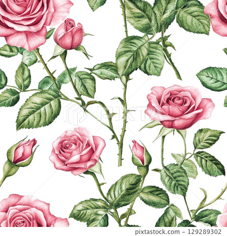 A seamless pattern of pink roses, green leaves, and buds on a white background, showcasing detailed and elegant botanical illustrations. 129289302