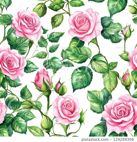A seamless pattern of pink roses, green leaves, and buds on a white background, showcasing detailed and elegant botanical illustrations. 129289308
