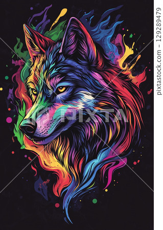 A vibrant, multicolored illustration of a wolf's head against a dark background, featuring expressive hues, intricate artistic strokes, and a striking design. 129289479