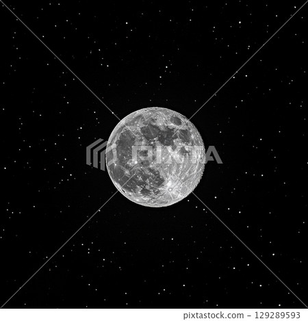 Full Moon Over Night Sky with Stars Glowing Brightly in Black and White Photography 129289593