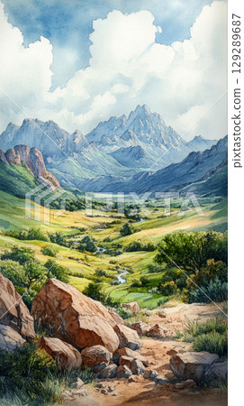 Dense, vibrant greenery and towering trees characterize this lush African rainforest, capturing nature beauty and biodiversity, banner 129289687