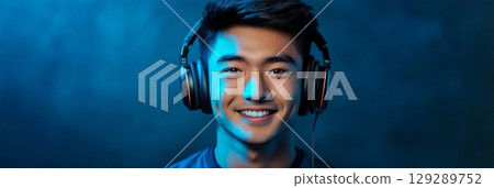 The image features an Asian male with headphones, exuding a sense of contentment and joy, celebrating the simple pleasures of life and the power of music, banner 129289752