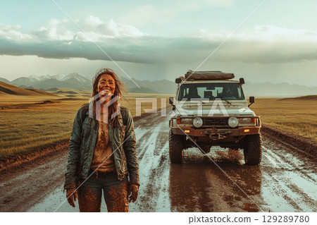 A tired but happy woman stands in traveler's clothes splashed with road mud, smiling in front of a rugged 4x4 vehicle parked on a remote road 129289780