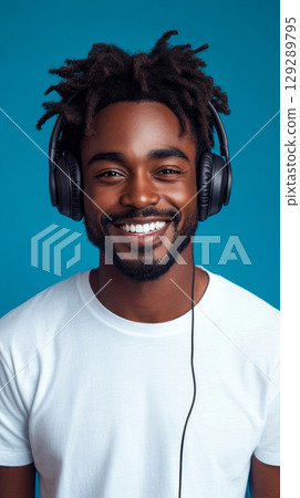 Close-up of an Afroamerican man with headphones, minimalist style, blue background, modern and fresh 129289795